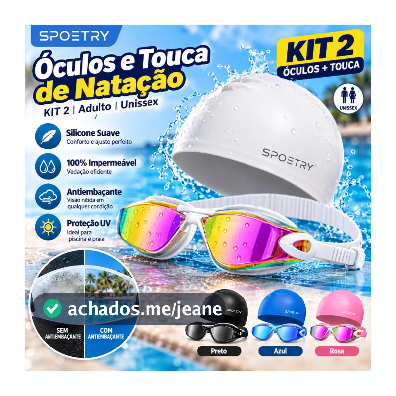 Kit2 Óculos e Touca de Natação Adulto Antiembaçante Waterproof Ajustável Unissex Proteção UV para Piscina e Praia