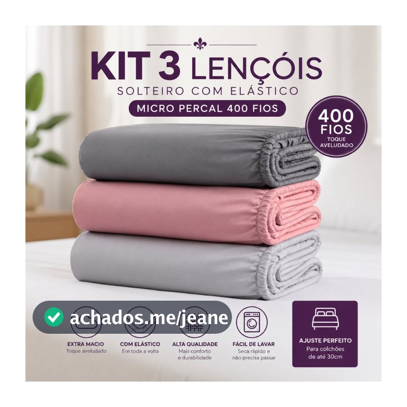 Kit 3 Lençol Solteiro Avulso com Elástico 400 Fios Extra Macio