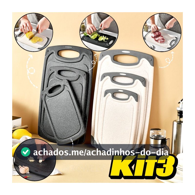 Kit 3 Tábuas de Carne e Legumes Antiderrapantes Culinária Prática para Cozinha