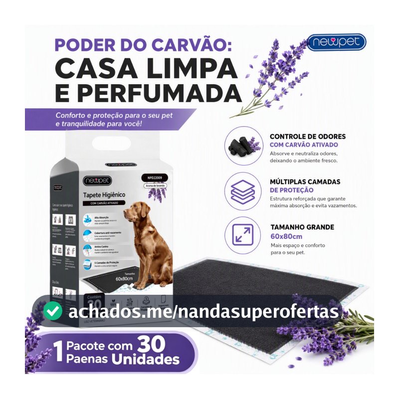Tapete Higiênico Cães Carvão Bambu Ativado Aroma Lavanda 30 Unidades Absorvente Anti Odor Tamanho 60x60cm / 80x60cm