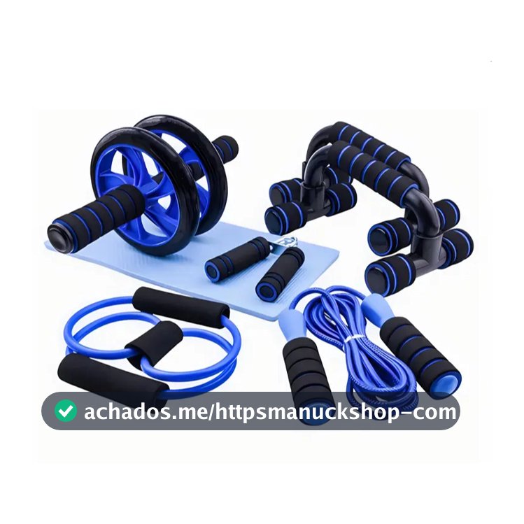 Kit Fitness 6 em 1 Roda Abdominal Flexão Corda Elástico Hand Grip Tapete Treino em Casa