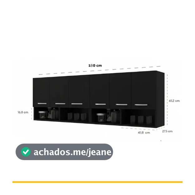 Armário Aéreo Cozinha Grande 176cm 6 Portas 2 Nichos Branco Preto Off White Organizador