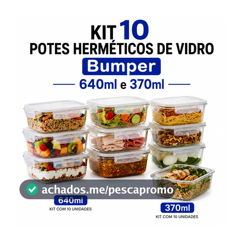 Kit 10 Pote de Vidro com Tampa Hermético Bumper 640ml e 370ml