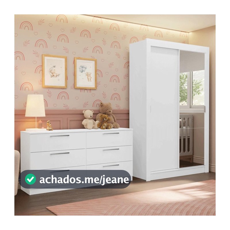 Conjunto Quarto Infantil com Guarda Roupa 2 Portas com Espelho e Cômoda Madesa