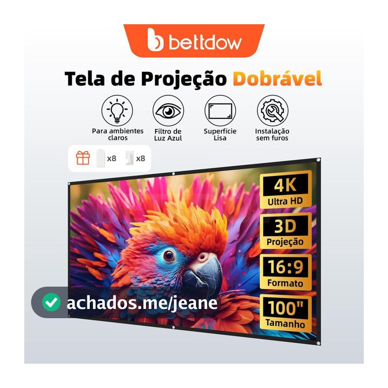 Tela de Projeção Dobrável Anti-Luz BETTDOW 4K ALR 100/120” | Cinema em Casa de Alta Definição 16:9 Fácil Instalação