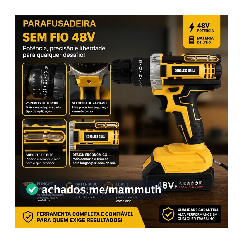 Parafusadeira Furadeira Sem Fio 48V Íon Lítio, Torque Ajustável, Duas Velocidades, Kit com Bateria e Carregador
