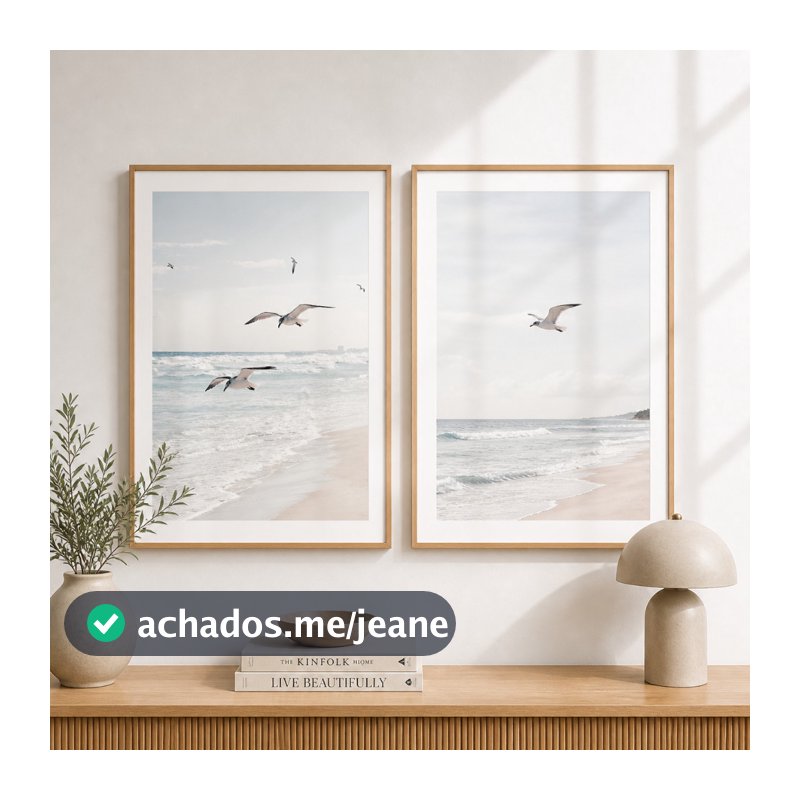 Kit 2 Quadros Decorativos Praia Mar e Gaivotas Minimalista Sala Quarto com Moldura e Vidro