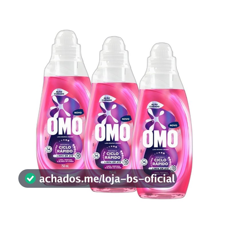 Kit 3 Lava-Roupas Líquido Omo Ciclo Rápido Ação Cuidado Frasco 750ml cada