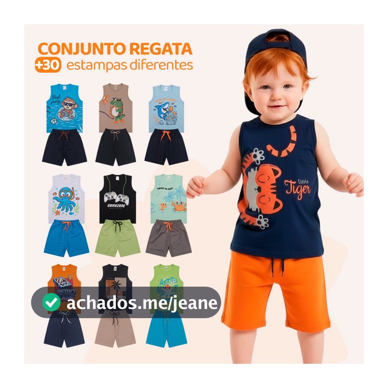 Kit 4 ou 8 Peças de Conjunto Regata para Meninos Infantil Masculino Roupa de Bebe Verão Estampado em Algodão para Calor