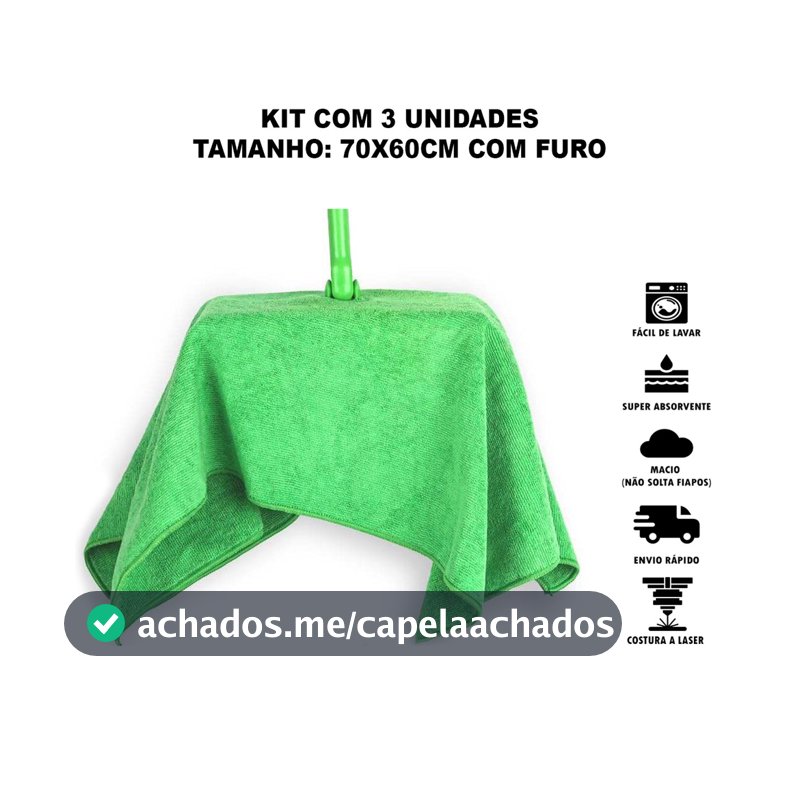 Kit 3 Panos de Chão Microfibra 70x60cm Furo para Rodo Dupla Camada