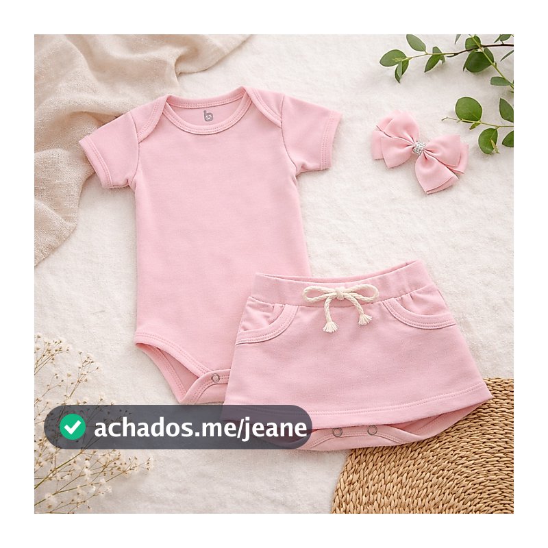 Conjunto de Bebê Menina Básico Dia a Dia Body + Saia + Laço 100% Algodão.