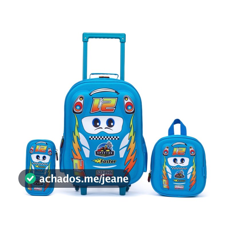 Kit Mochila Infantil Carrinho Lancheira Espaçosa Estojo 3D Reforçada