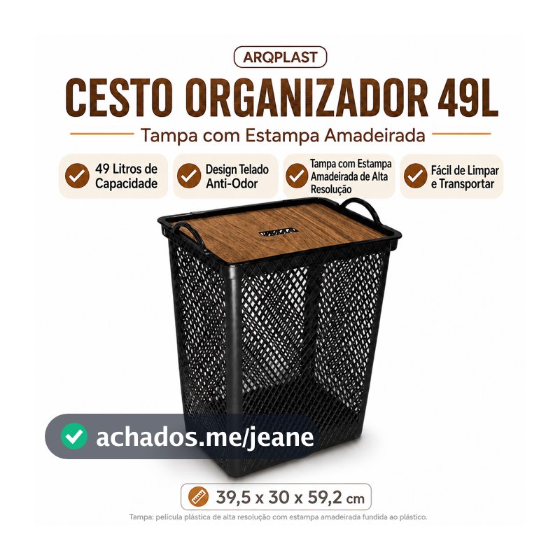 Cesto Organizador Telado com Tampa 49L Arqplast para Roupas Lavanderia Banheiro Closet