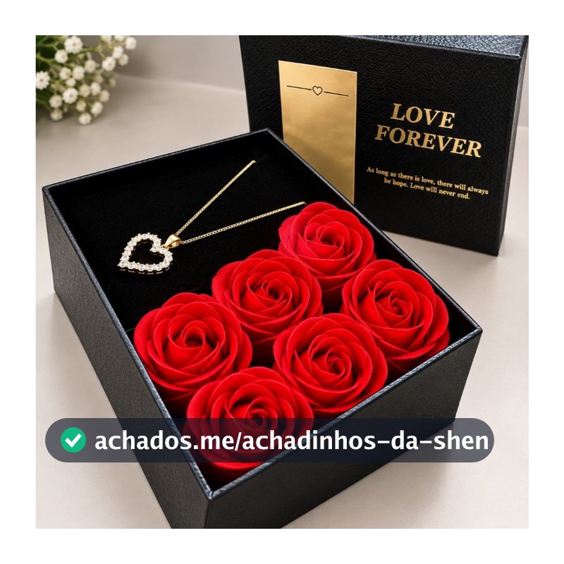 Caixa Presente Romântica 6 Rosas Vermelhas Love Forever com Colar Coração JOIA COLAR ROSAS PRESENTE LUXO
