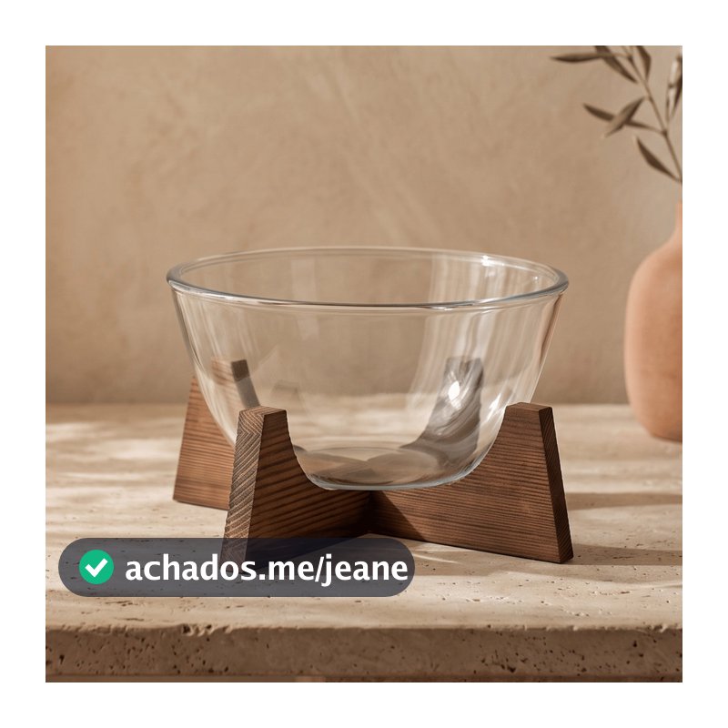 Bowl Saladeira Vidro Borossilicato 2,1L Suporte Madeira Acácia Elevado Servir Frutas Salada Mesa Posta Luxo