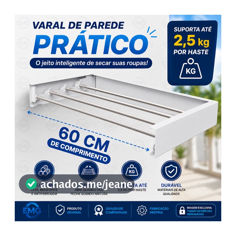 Varal Mágico 60 cm Prático Ideal para Apartamentos e Espaços Pequenos Aluminio Parede Flexível