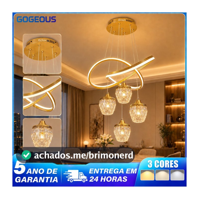 110V-220V Lustre Pendente LED 3 Cores Dourado Cristal para Sala de Jantar Moderno Luxo Ajustável Bivolt