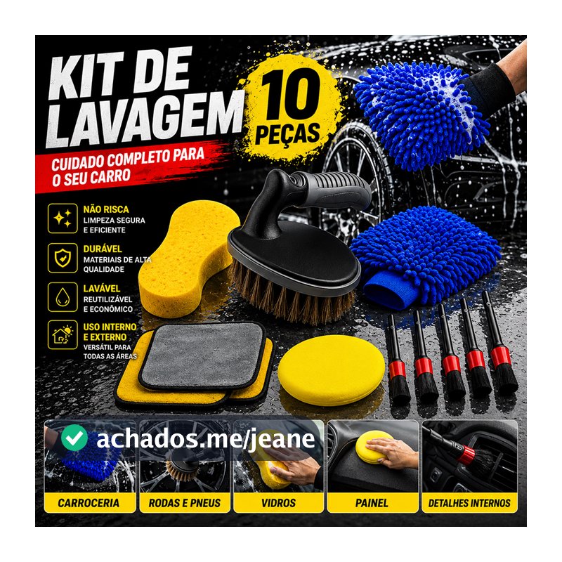 Kit 10 Peças Lavagem Automotiva Esponja + Escova de Pneu + Flanela + Aplicador de Cera + Kit Pincel + Luva Microfibra