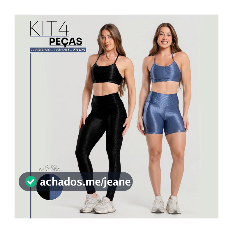 Kit 4 Peças Academia Feminino – Conjunto Canelado Brilhoso Completo Confortável