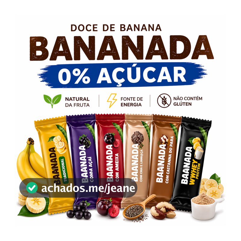 Bananinha 0% Açúcar Barrinha de Banana Natural com Açaí Ameixa Chia Linhaça Castanha Whey Snack Sem Glúten caixa 24 unid