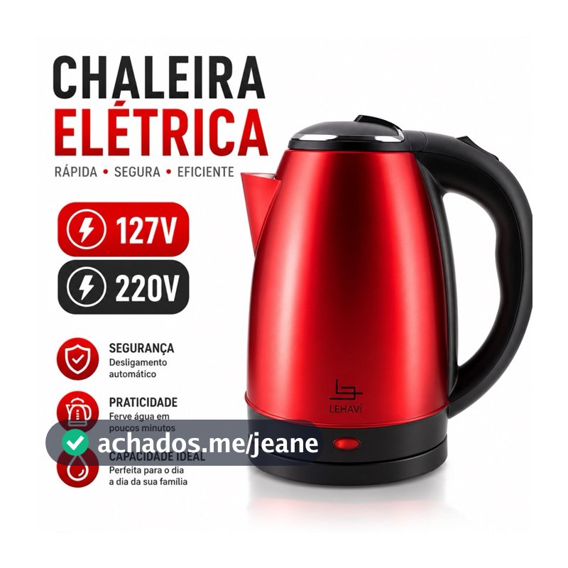Chaleira Elétrica Inox 1,8L 127V ou 220V VERMELHA ou PRATA Com Base Giratória