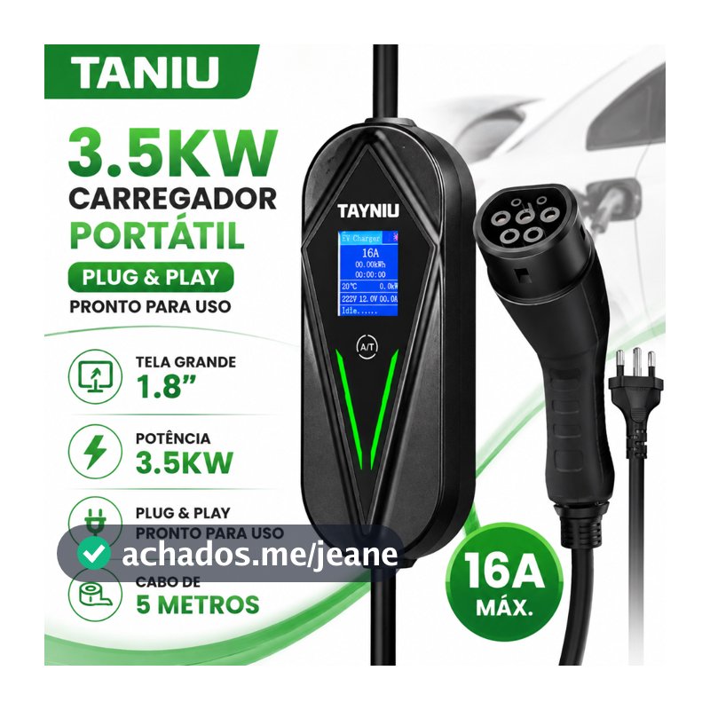 TAYNIU Carregador para Carros Elétricos e Híbridos 3.5kW Plug and Play com Cabo 5m Use em Qualquer Tomada 20A