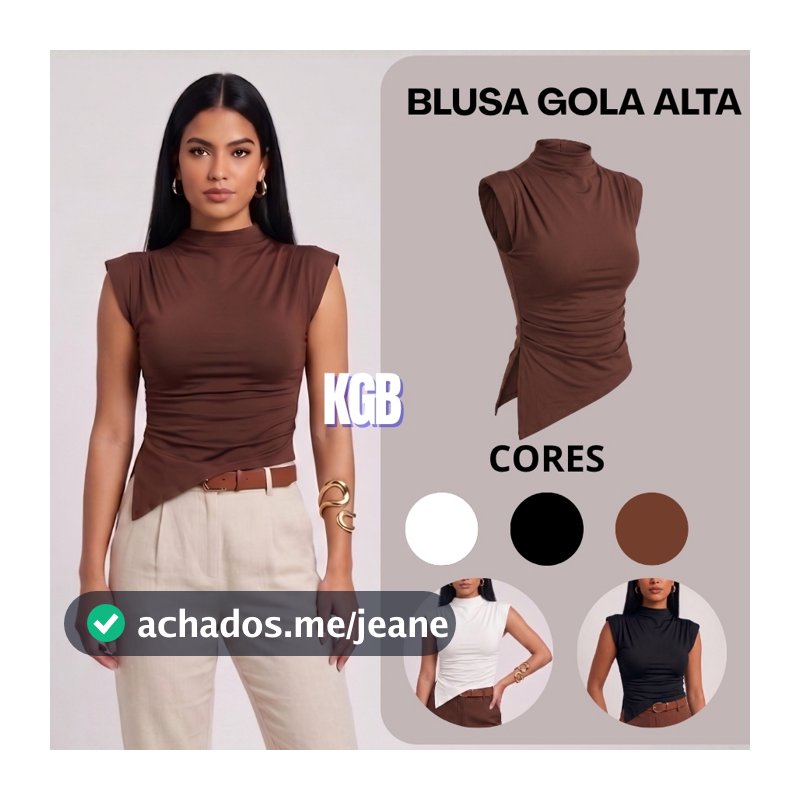 Blusa Gola Alta Básica Assimétrica Regata Manga Curta Dia a Dia Elegante Formal Festas  Casual