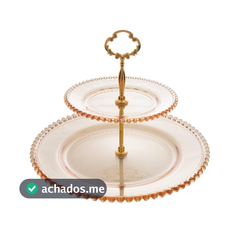 Prato Duplo para Doces Cristal Pearl Âmbar Metalizado Wolff 2 Andares para Sobremesas Frutas Festa Mesa Posta Decorativo