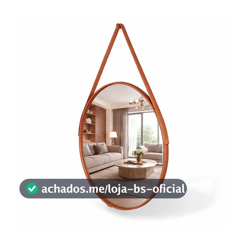 Espelho Redondo Decorativo Adnet Alça Couro Suporte 60cm Sala Quarto Banheiro