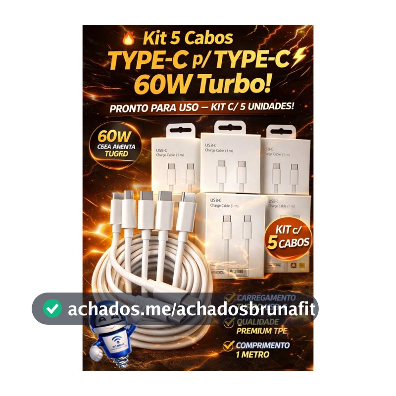 Kit C/ 5  Cabos USB-C De 60 W Para iPhone 16 15 Plus Pro Max PD Carregador Rápido Tipo Macbook iPad