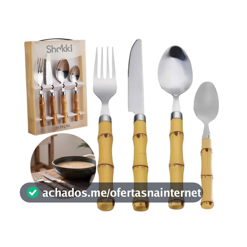 Faqueiro Jogo Talheres Bambu 24 Peças Aço Inox Garfo Faca Colher Para Mesa Cozinha Premium Shokki<