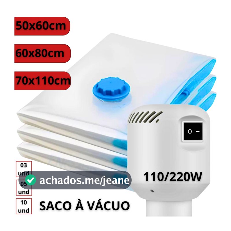Kit com 10 Sacos a Vácuo e Bomba Elétrica 110v 220v Organização de Roupas Guarda-Roupas Mala Viagem