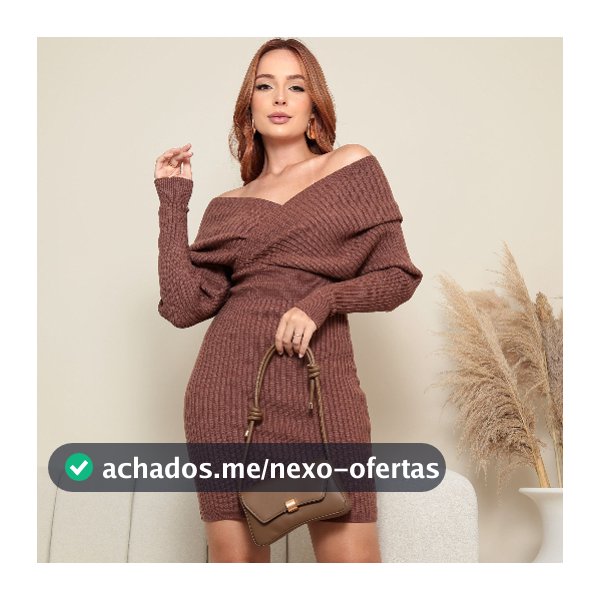 Vestido Midi Manga Longa Canelado Gola Transpassada Ombro Caido Decote Moderno Elegante