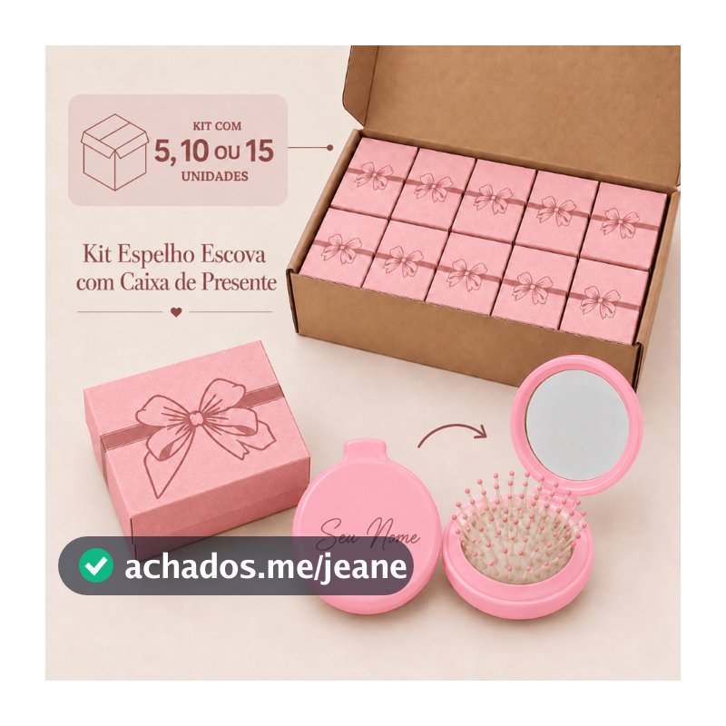 Kit  Espelhos Escova Personalizado com NOME e Caixa Presente Outubro Rosa Lembrancinha Empresa Mimo Mulher