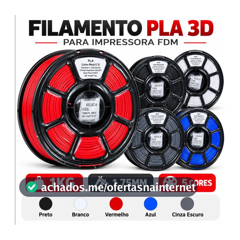 Bobina Filamento PLA 1,75mm 1kg 330 Metros para Impressão 3D FDM Preto Branco Vermelho Azul Cinza