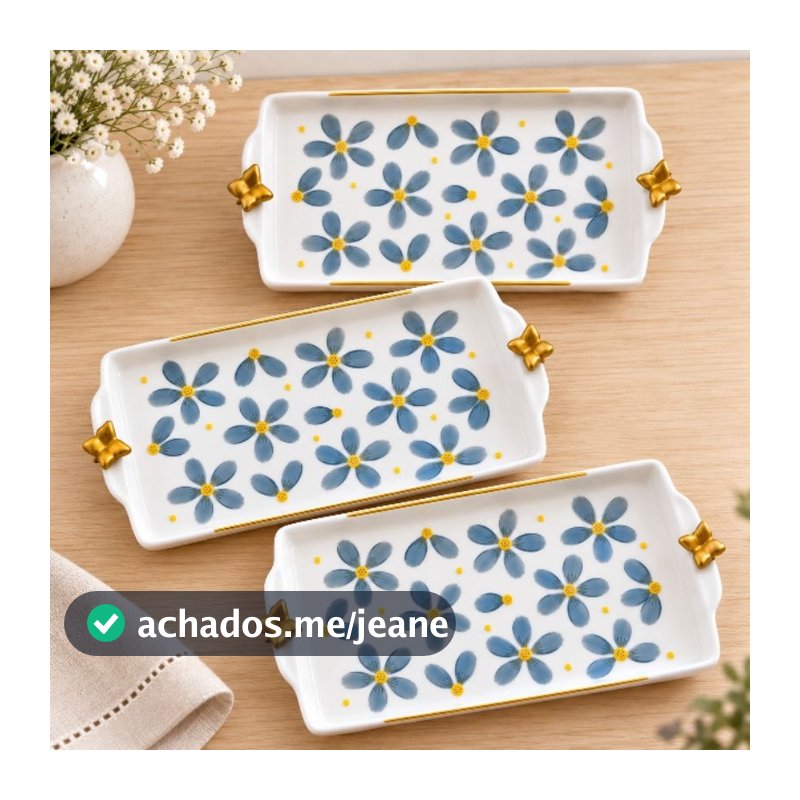 Conjunto de Travessas Bandejas de Porcelana 3 Peças Flores Azuis Pintadas à Mão Exclusivo