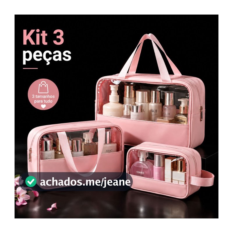 Kit 3 Bolsas Necessaire Feminina PU Transparente Impermeável 3 Tamanhos Maquiagem com Alça para Viagem Hotel Academia