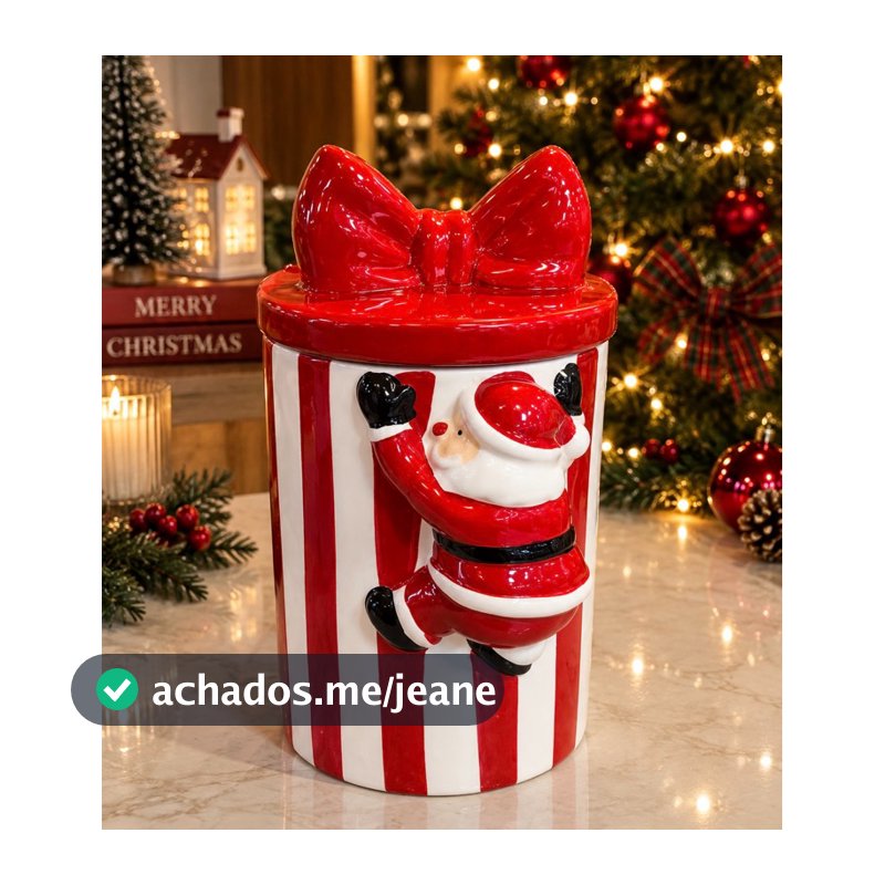 Pote Natalino Papai Noel em Porcelana com Tampa Laço – 21 x 10 cm