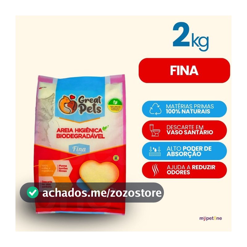 Areia Great Pets para Gatos Biodegradável Fina - 2 Kg