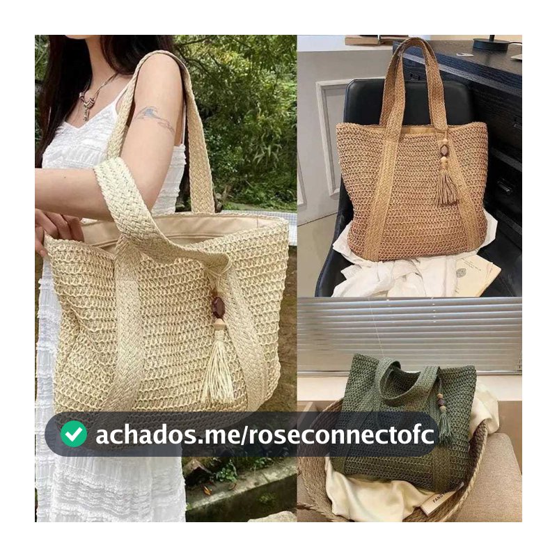 Bolsa Praia Feminina De Palha Sintética Grande Piscina Verão Lazer Com Lindo Penduricalho