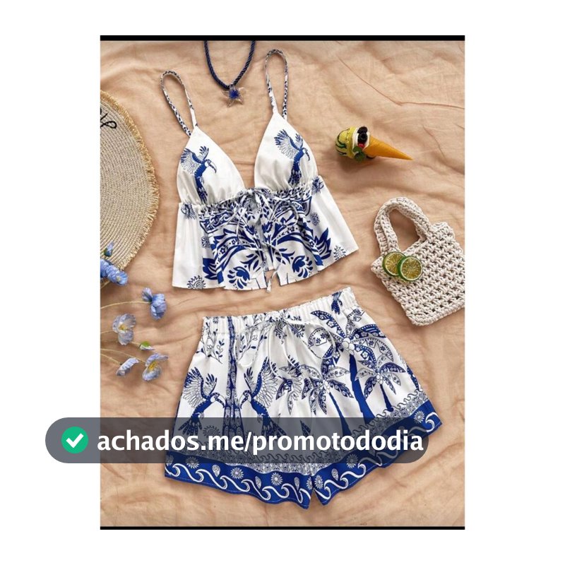 Conjunto Feminino Bela Estampado Top Amarração + Short Soltinho Casual Moda Tendência Versátil