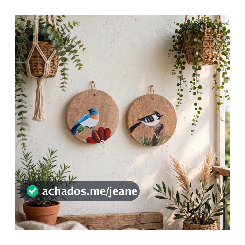 Kit 2 Quadros Passarinho Madeira Maciça 15x15cm 2cm Espessura Pintado à Mão Decoração Boho .