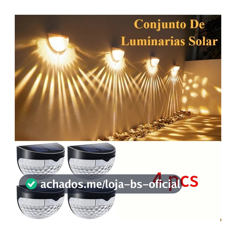Kit 4 Arandela de Parede Energia Solar Branco Quente ou RGB Bateria Área Externa Fixa Preto