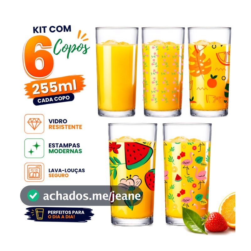 Jogo 6 Copos De Vidro Água Suco Refrigerante Varias Estampas Long Drink Ruvolo 255Ml