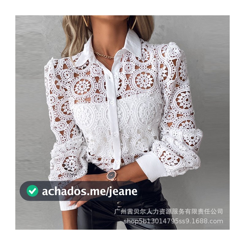 Nova Camisa de Renda Camisa Branca Top Elegante Roupa Feminina Elegante 2024 Camisa de Escritório Primavera Outono
