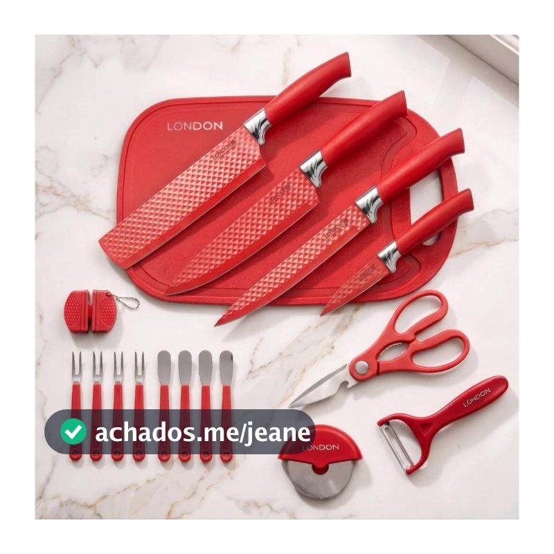 Conjunto Faca Inox 17 Peças Com Cabo Reforçado Aço Carbono Descascador Tesoura Cutelo Carne Legumes London
