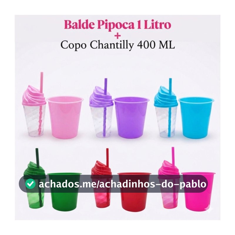 40 Itens Kit Festa Lembrancinha Liso -  20 Balde De Pipoca 1LT + 20 Copo Chantily