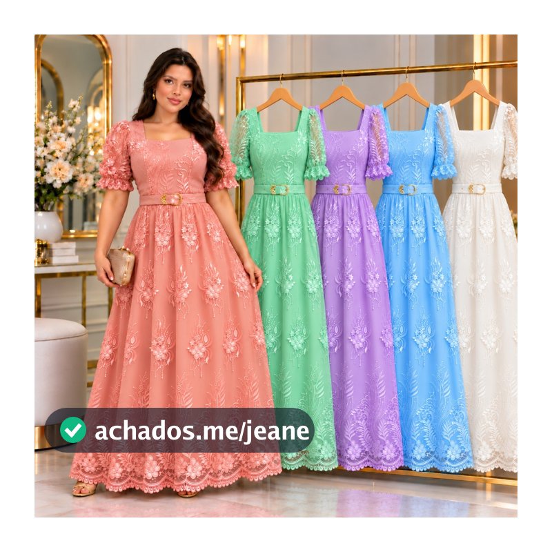 Vestido Tule Bordado Longo Moda Evangélica Casamento Congressos Forrado com Elastex Tam M e G
