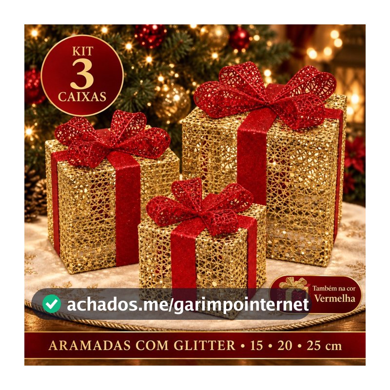 Caixas Presente Decorativas Natal Kit 3 Enfeites Árvore de Natal Glitter Laço Aramada Vermelha