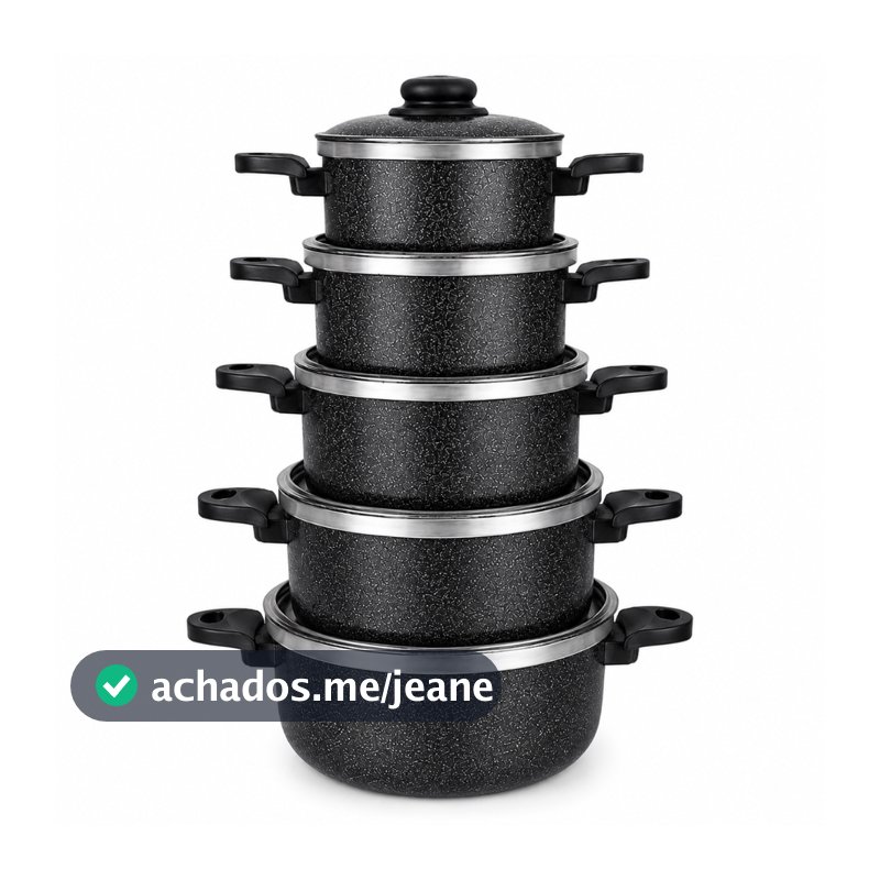 Jogo 5 Caçarolas Alumínio Reforçado Preto Craqueado Premium com Tampa Kit N14 ao N22 Durável Fácil de Limpar